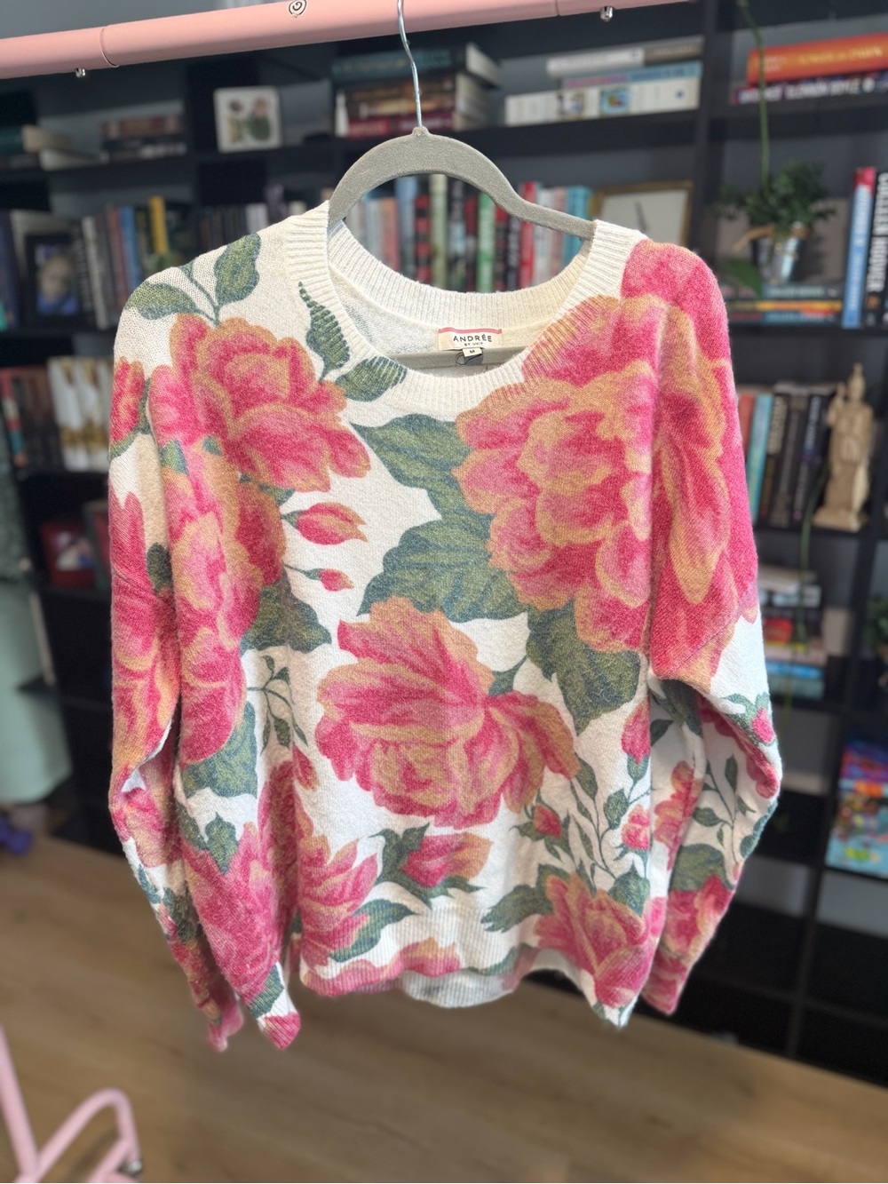 Andree Cream Crewneck Sweater with Pink Rose Print
